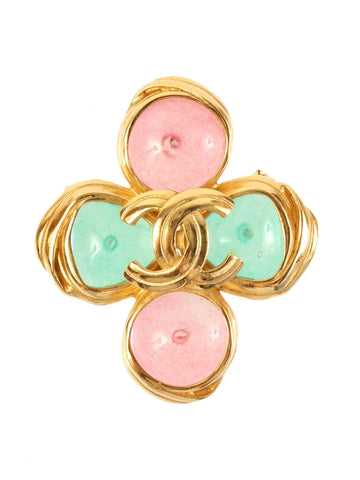 Top Quality Chanel 1996 Made Cross Motif Gripoix Cc Mark Brooch Green/Pink