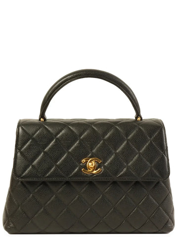 Top Quality Chanel Around 1997 Made Leather Skin Turn-Lock Top Handle Bag Black