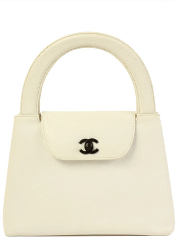 Top Quality Chanel Around 1998 Made Leather Skin Turn-Lock Top Handle Bag White
