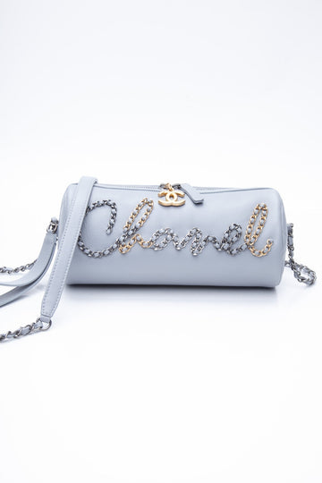 CHANEL Light Gray Calfskin Chain 20s Signature Bowling Crossbody Bag
