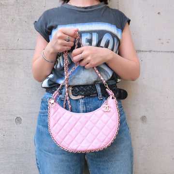 Auth Top Quality Chanel Matelasse Lamb Skin Small Hobo Shoulder Bag Pink AS3917 Used F/S