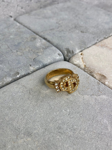 Christian Dior CD Logo Rhinestone Ring Gold Vintage yrss6i