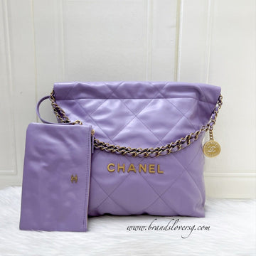[Local Full Set - Un] Chanel 22 Small Hobo Handbag in 24P Lilac Shiny Calfskin and AGHW (Model: AS3260)