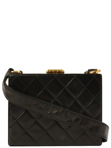 Top Quality Chanel Around 1990 Made Cc Mark Stitch Metal Clasp Box Shouder Bag Black