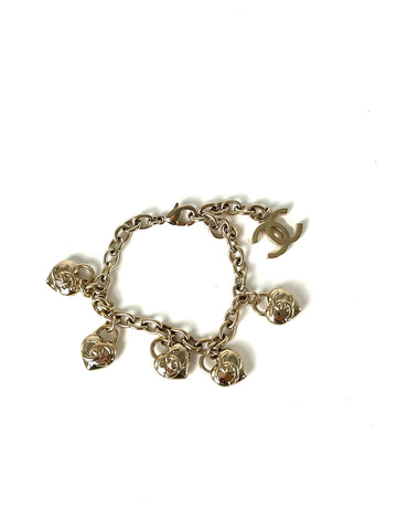 CHANEL 2022 CC Logo Light Gold Metal Charm Bracelet
