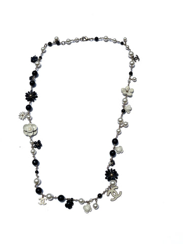 CHANEL Faux Pearl CC Black White Flower Station Long Necklace
