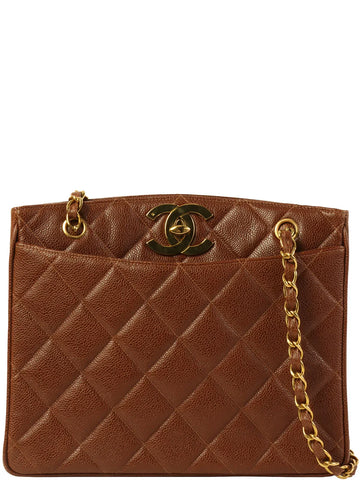 Top Quality Chanel Around 1995 Made Leather Skin Turn-Lock Chain Tote Bag Brown