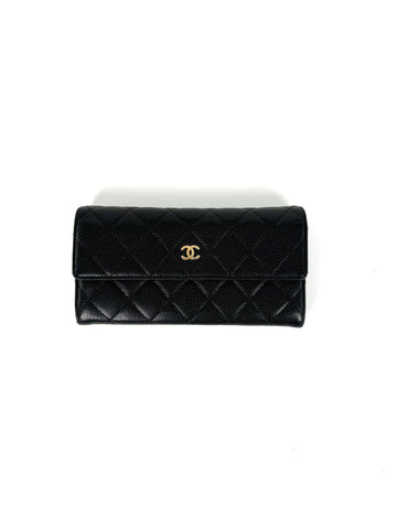 CHANEL Black Caviar Leather Flap Long Continental Wallet