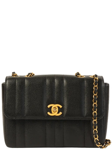 Top Quality Chanel Around 1995 Made Leather Skin Mademoiselle Stitch Turn-Lock Chain Bag Black