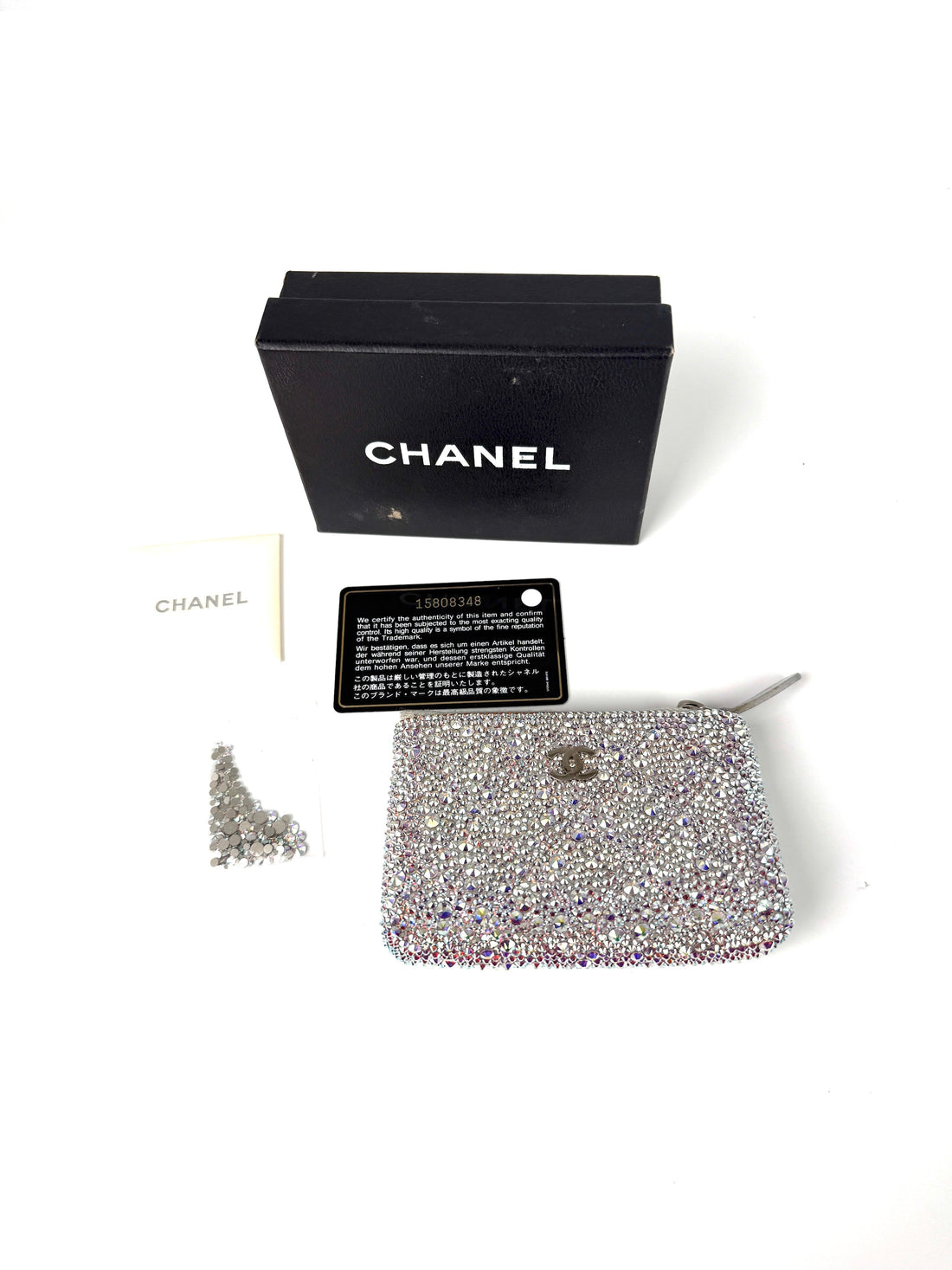 CHANEL Silver Swarovski Crystal Leather Key Pouch Case Holder
