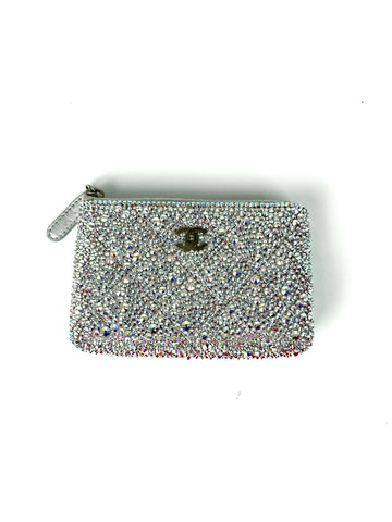 CHANEL Silver Swarovski Crystal Leather Key Pouch Case Holder