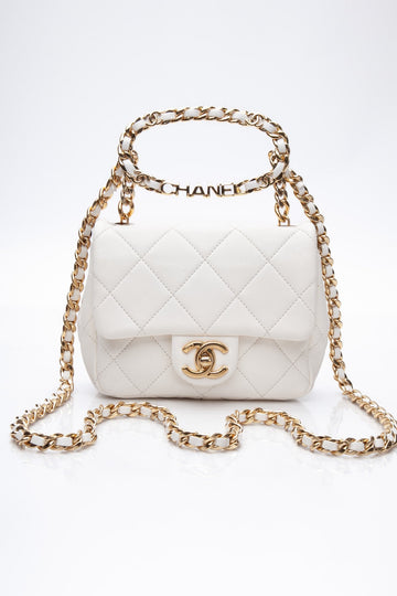 CHANEL White Metal Quilted Lambskin Leather Mini Top Handle Square Flap Bag