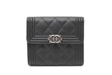 NEW  Top Quality Chanel Black Quilted Leather Leather Boy Small Trifold Wallet