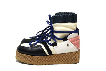 Top Quality Chanel Leather & Mixed Fibers Ivory, Rose, Blue & Black Lace Up Platform Size 35.5 C