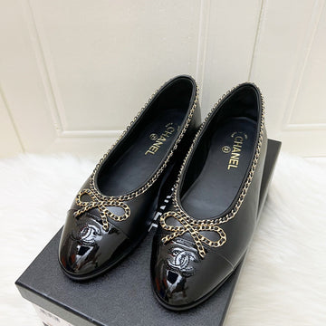 Chanel 25B Classic Ballerina Pumps with Gold Tone Chain Details in Black Lambskin and Black  Calfskin Sz 39 (Model: G46663)