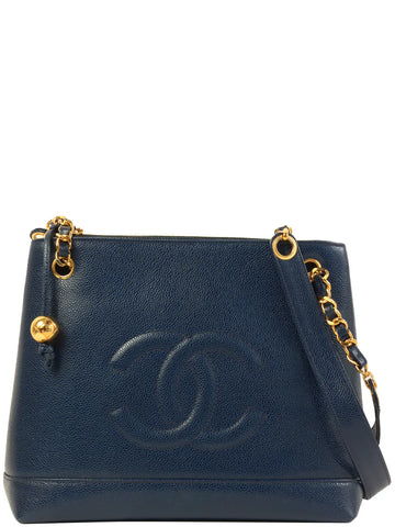 Top Quality Chanel Around 1992 Made Leather Skin Cc Mark Stitch Chain Tote Bag Navy