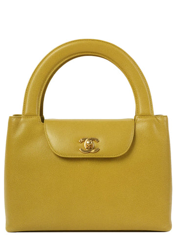 Top Quality Chanel Around 1998 Made Leather Skin Turn-Lcok Top Handle Bag Lime Yellow