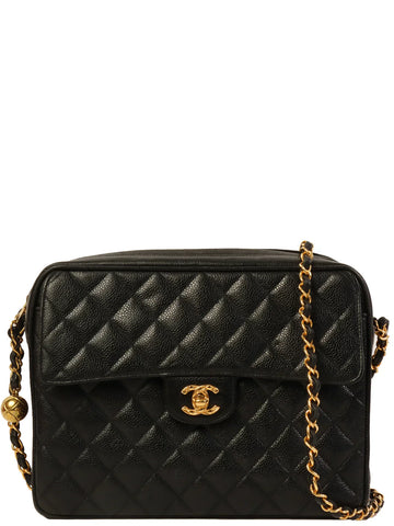 Top Quality Chanel Around 1995 Made Leather Skin Turn-Lock Ball Charm Shoulder Bag Black
