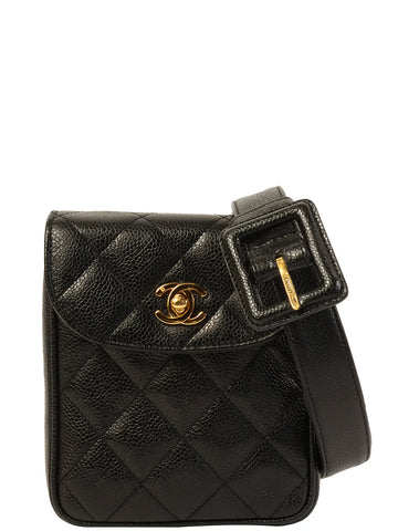 Top Quality Chanel Around 1995 Made Leather Skin Turn-Lock Waist Bag Black