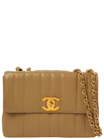 Top Quality Chanel Around 1995 Made Leather Skin Mademoiselle Stitch Turn-Lock Chain Bag Mocha Beige