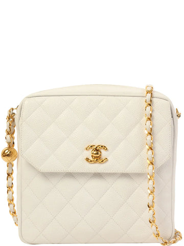 Top Quality Chanel Around 1992 Made Leather Skin Turn-Lock Ball Charm Chain Bag White