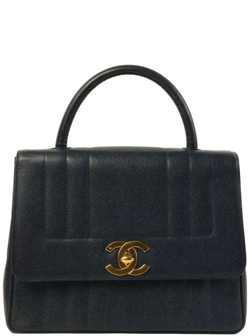 Top Quality Chanel Around 1995 Made Leather Skin Mademoiselle Stitch Turn-Lock Top Handle Bag Navy