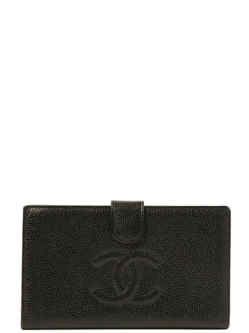 Top Quality Chanel Around 2001 Made Leather Skin Cc Mark Stitch Long Wallet Black