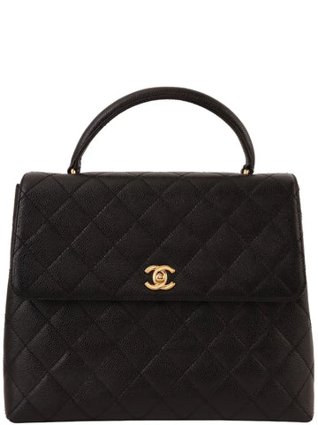 Top Quality Chanel Around 2001 Made Leather Skin Turn-Lock Top Handle Bag Black