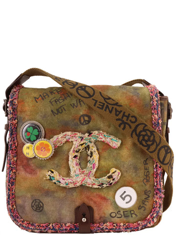 Top Quality Chanel Around 2014 Made Leather/canvas Tweed Combination Embroidery Shoulder Bag Khaki/Multi