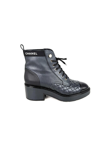 CHANEL Cap Toe Faux Pearl Black Quilted Block Heel Combat Ankle Boots 41, 10.5
