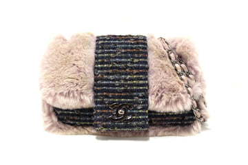 Vintage Top Quality Chanel Lilac Purple Fur Blue Tweed Flap Chain Shoulder Bag