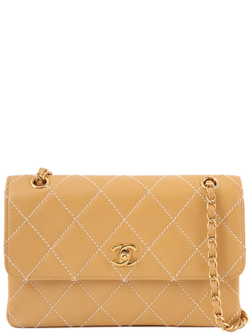 Top Quality Chanel Around 2001 Made Wild Stitch Turn-Lock Chain Bag Beige