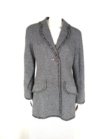 CHANEL Collared Runaway 2020 Black Gray Silver Long Tweed Coat Jacket 40 8