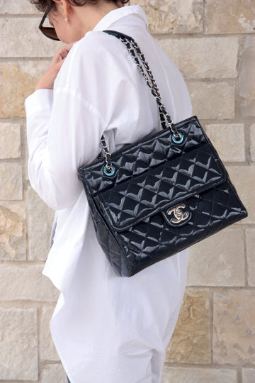CHANEL Coco Shine Small Navy Quilted  Pocket Shopping Tote
