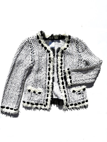 CHANEL Tweed Sequined Collarless Black White 2005 Open Jacket 38 4