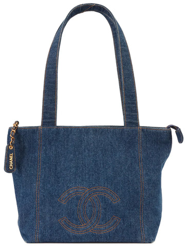Top Quality Chanel Around 1997 Made Leather/denim Cc Mark Stitch Tote Bag Indigo
