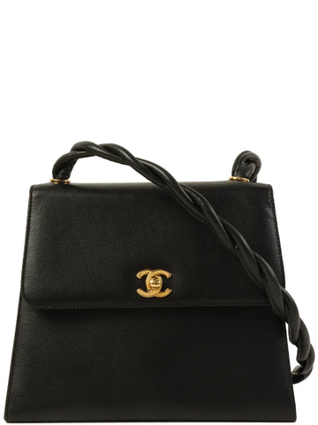 Top Quality Chanel Around 1998 Made Leather Skin Turn-Lock Twist Shoulder Bag Black