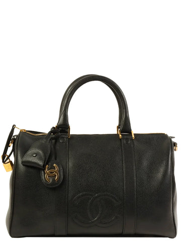 Top Quality Chanel Around 1995 Made Leather Skin Cc Mark Stitch Boston Bag Black