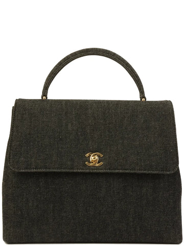 Top Quality Chanel Around 1998 Made Leather/denim Turn-Lock Top Handle Bag Black