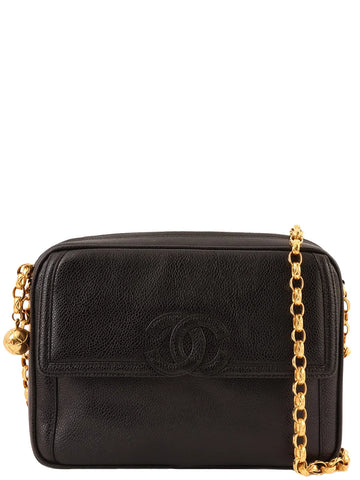 Top Quality Chanel Around 1992 Made Leather Skin Cc Mark Stitch Ball Charm Bijoux Chain Bag Black