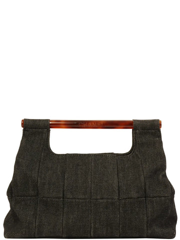 Top Quality Chanel Around 1998 Made Leather/denim Tortoiseshell Logo Top Handle Bag Black
