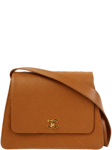 Top Quality Chanel Around 1998 Made Leather Skin Turn-Lock Shoulder Bag Camel
