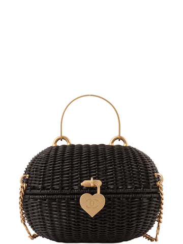 Top Quality Chanel Around 2004 Made Straw Heart Cc Mark Plate 2Way Bag Black