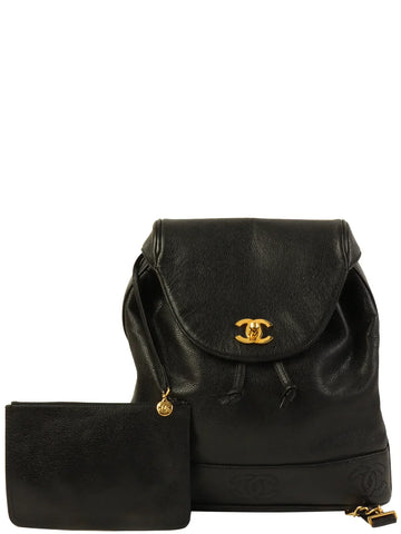 Top Quality Chanel Around 1995 Made Leather Skin Cc Mark Plate Backpack Black