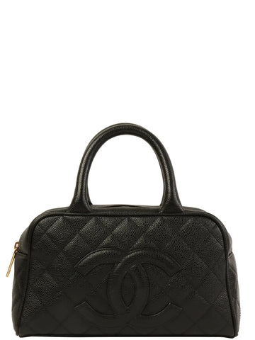 Top Quality Chanel Around 1998 Made Leather Skin Cc Mark Stitch Boston Bag Black