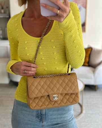 Chanel Chai Latte Medium Classic Double Flap Bag in Leather with Silver Hardware