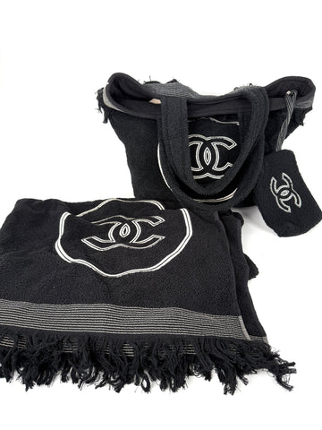 CHANEL Terry Cotton Fringe CC Logo Black Ecru Beach Shopping Tote with Pouch and Towel