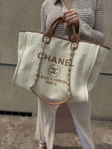 CHANEL Deauville Striped Medium Straw Raffia Beige Tan Shopping Tote
