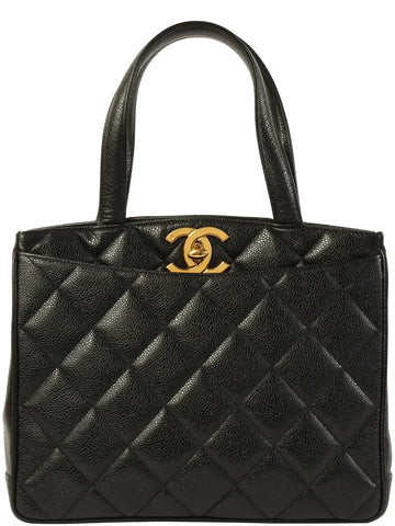 Top Quality Chanel Around 1997 Made Leather Skin Turn-Lock Tote Bag Black