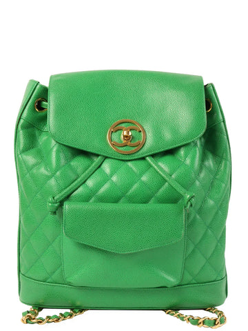 Top Quality Chanel Around 1992 Made Leather Skin Circle Cc Mark Plate Backpack Green